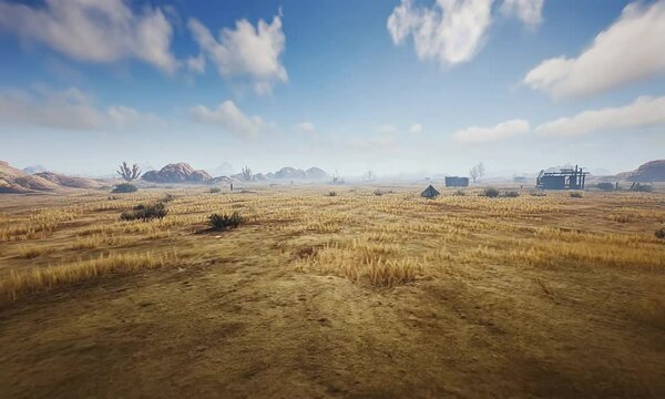 Vast, arid landscape under a vibrant sky.  Dry, golden plains stretching to distant, hazy structures