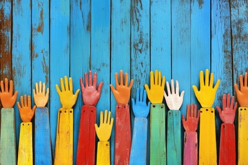 Colorful hands reaching upward against a weathered blue wooden background