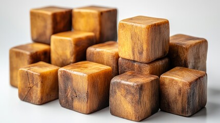 A stack of polished wooden cubes arranged artistically on a clean surface, showcasing their texture