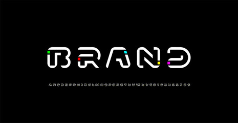 Obraz premium Game font, digital cyber alphabet made future space style, letters A, B, C, D, E, F, G, H, I, J, K, L, M, N, O, P, Q, R, S, T, U, V, W, X, Y, Z, numerals 0, 1, 2, 3, 4, 5, 6, 7, 8, 9