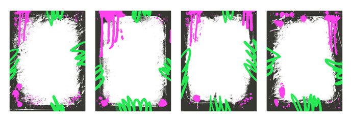 Grunge urban street frame templates. Graffiti spray art layout backgrounds set. Border with airbrush paint lines. Ink rectangle cadre for photo. Retro texture banners set overlay. Vector illustration. © Syuzann q