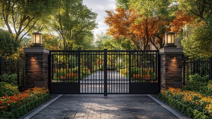 Autumnal gated entryway with landscaped pathway