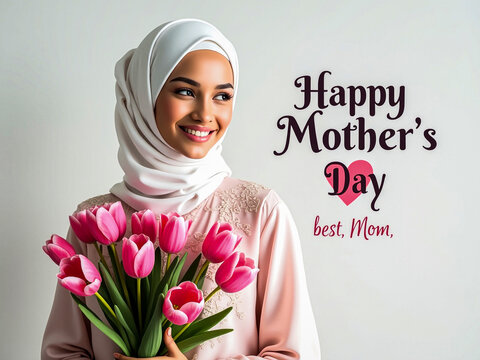 Greeting Card with Hijabi Woman and Stylish Mother's Day Message Featuring Pink Accents