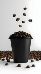 Roasted Coffee Beans Falling into Black Cup 3D Render