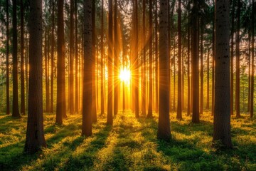 Obraz premium Golden sunlight streams through a dense forest