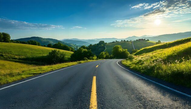 Driving scenic route road trip through countryside hills and green landscape - Powered by Adobe