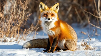 A red fox sits calmly in the snow, captured in a winter wildlife photo.