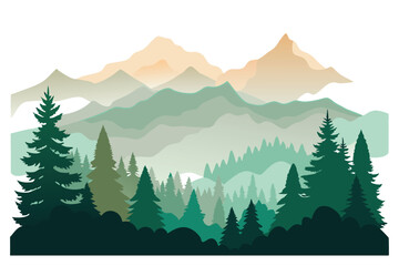Fototapeta premium Evergreen trees create a vibrant forest landscape against layered mountains in this nature view