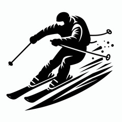  very simple flat and single minimalist Skiing Downhill Silhouettes in black on a white background 