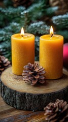 Two warm, golden candles on a rustic wooden slice, surrounded by pine cones and fir branches, evoking a cozy Christmas scene