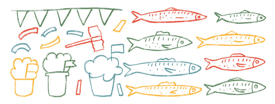 Fishes crayon line doodle set. Santos Populares festival. Hand drawn sardines, hammer, confetti and manjerico basil plant. Vector naive colorful summer holiday illustration.