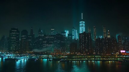 Fototapeta premium Calm night water reflecting city skyline high resolution picture