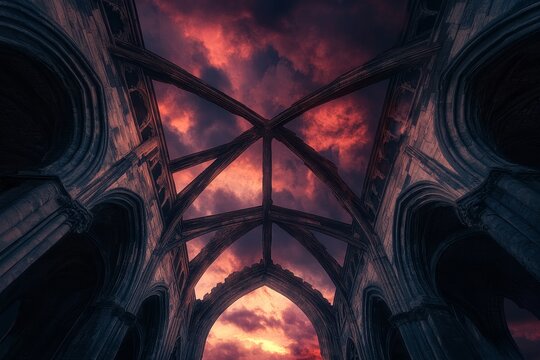 Dramatic, ruined cathedral interior under a fiery sunset sky.