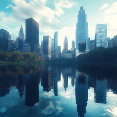 Obraz premium City buildings shine in water at night high resolution picture