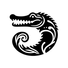 Naklejka premium Vector Alligator Silhouette Illustration Of Dangerous Reptile Wildlife Predator Crocodile Swamp Monster Dark Black Art Animal Design Sharp Teeth Toothy Badge Graphic Emblem Carnivore Drawing