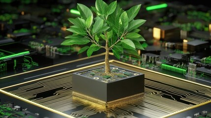 Fusion of organic growth and digital technology, tree sprouting from a tech circuit