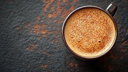 Cup of coffee with foam on dark textured background top view.