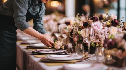 An elegant table setting being prepared for a special event 