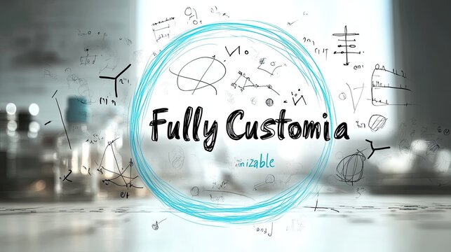 Words Fully Customizable enclosed by turquoise circle, various scribbled formulas, and equations surround the text