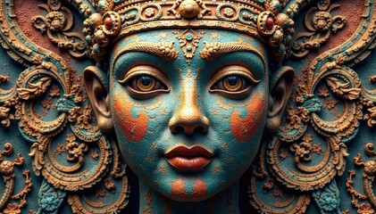 Fototapeta premium Symmetrical, intricate face-like pattern on ancient artifact , art, background, culture