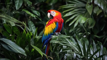 Fototapeta premium A Scarlet Macaw perched amidst the dense forest foliage, showcasing its brilliant red, yellow, and blue plumage.