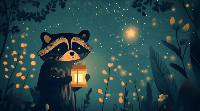 Raccoon Night Forest Lantern Illustration.