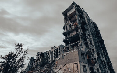 destroyed and burned houses in the city in Ukraine