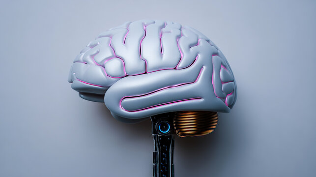 Isolated silver human brain with crossed metal arms