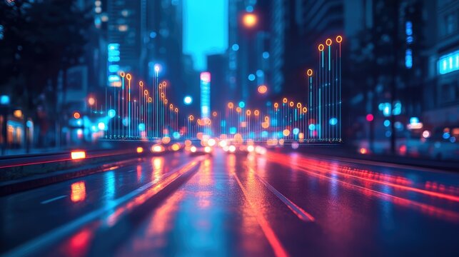 Urban night street with digital overlays