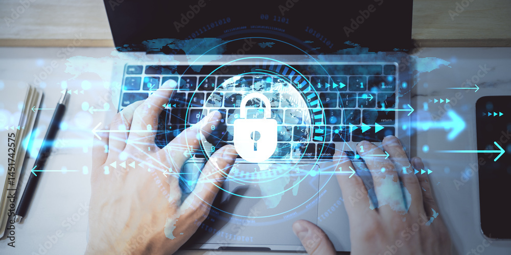 Poster Person typing on laptop with cybersecurity padlock icon overlay, digital arrows and data concept on light background in business setting.