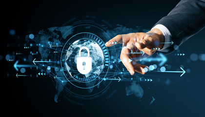 Digital cybersecurity concept with businessman hand interacting with virtual padlock icon over world map background for data protection and safety.