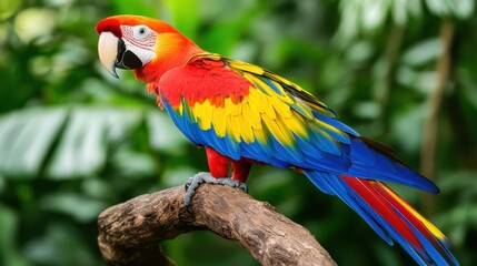 Obraz premium A Scarlet Macaw perched gracefully on a branch in the forest, showcasing its brilliant red, yellow, and blue plumage amidst a lush, green canopy.