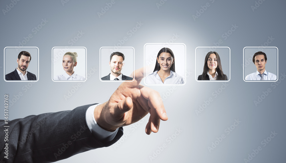 Poster businessman selecting candidate from virtual interface with diverse people portraits on light gradie