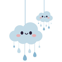 Cute cartoon cloud with a happy face and raindrops. Perfect for children’s designs, cheerful weather themes, baby room decor, kids illustrations, and fun creative projects.