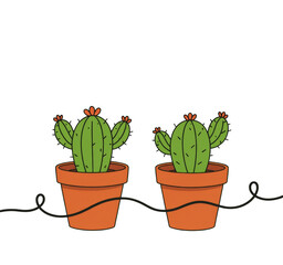 Green Cacti in Orange Pots, Connected by Black Wire, Transparent Background