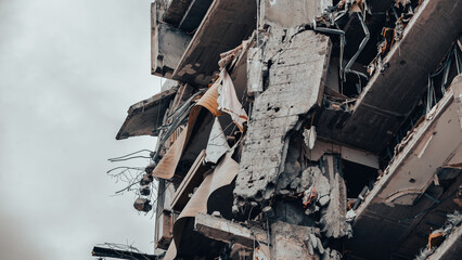 destroyed and burned houses in the city in Ukraine
