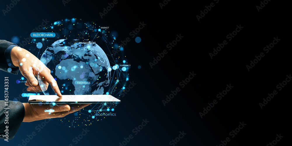 Fototapete Businessperson using digital tablet with holographic globe and blockchain network on dark background for innovation and technology concept.
