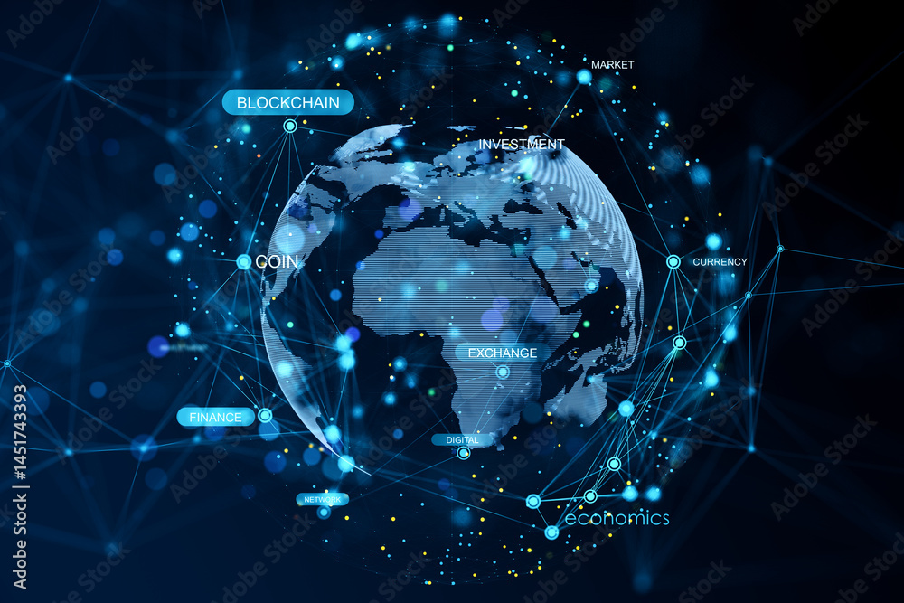 Poster Global digital network with blockchain, currency, and finance connections on a futuristic blue virtual world map background in cyberspace. 3D Rendering