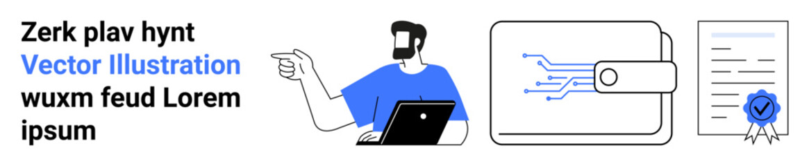Man holding laptop and pointing, digital wallet with circuit design, certified document. Ideal for fintech, authentication, digital identity, e-documents, security, blockchain flat landing page