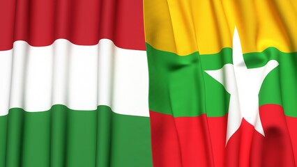 Flags of HUNGARY and Myanmar with realistic cloth texture