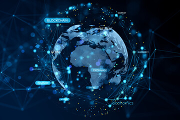 Global digital network with blockchain, currency, and finance connections on a futuristic blue virtual world map background in cyberspace. 3D Rendering