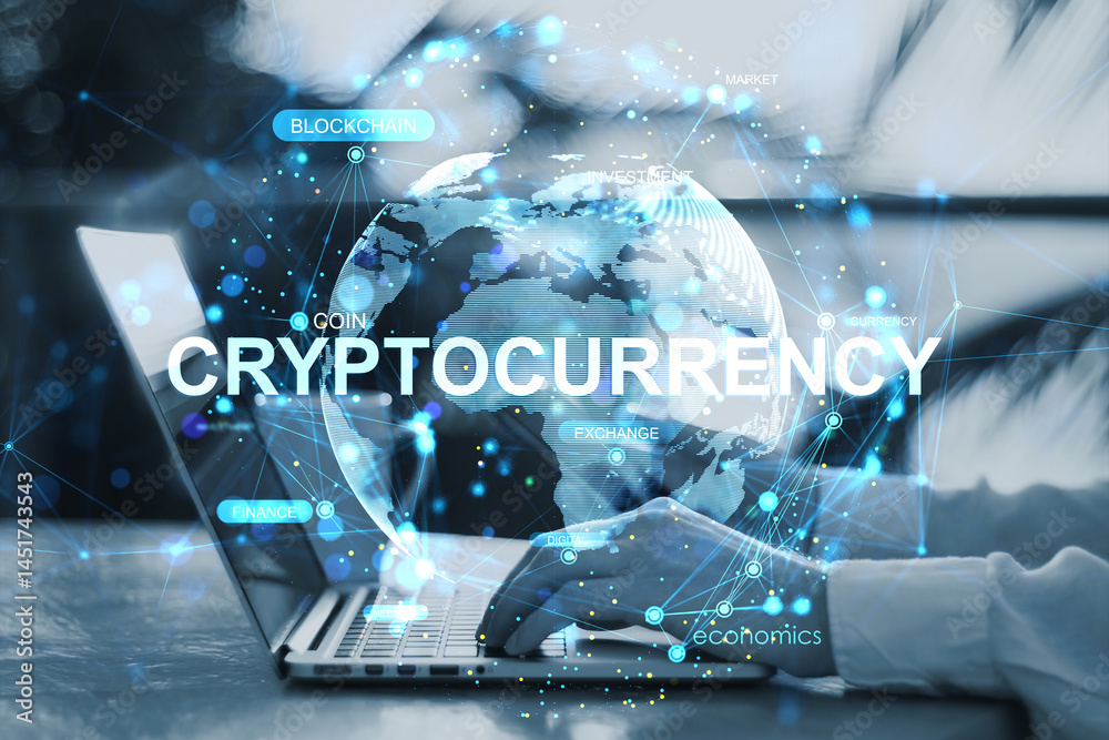 Fototapete Person typing on laptop with digital cryptocurrency globe, blockchain and finance network data overlay in modern tech concept background..