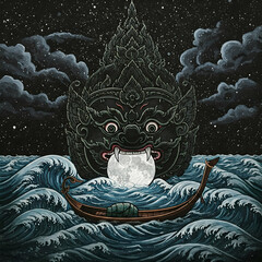 A Dramatic Depiction of Rahu Devouring the Moon Under a Starry Night Sky with a Distant Boat.