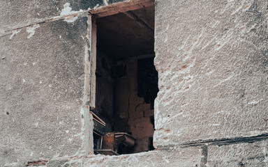 destroyed and burned houses in the city in Ukraine