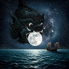 A Dramatic Depiction of Rahu Devouring the Moon Under a Starry Night Sky with a Distant Boat.