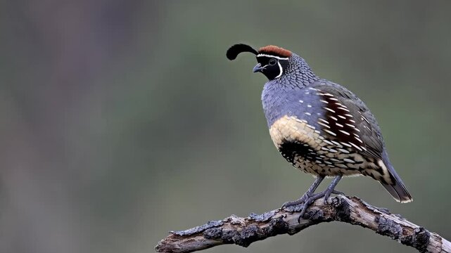 California quail perched on branch observing green forest environment in smooth transition