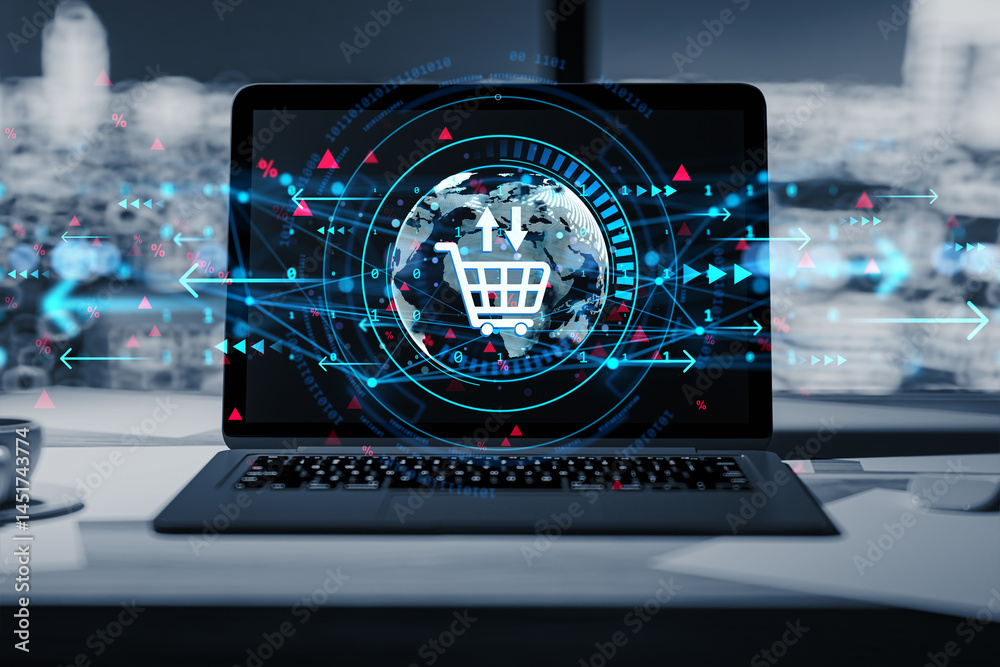 Poster futuristic ecommerce concept with digital shopping cart icon on laptop screen at office desk with ci