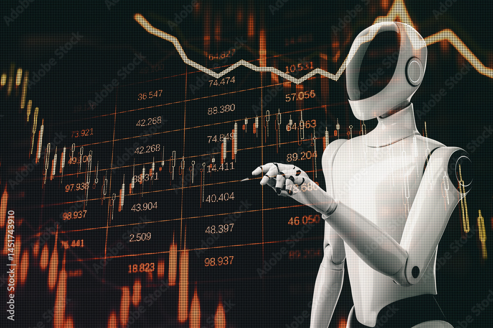 Aufkleber Futuristic robot analyzing falling stock market chart on dark background with red indicators and downward trend line representing global crisis. 3D Rendering