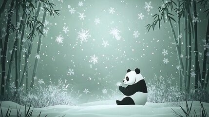 Panda in Snowy Bamboo Forest.