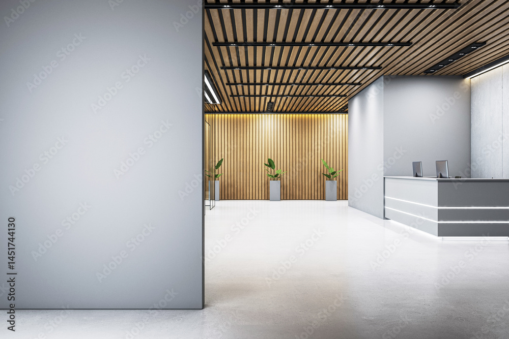Poster modern office reception area with blank grey wall for signage or branding, wood panel ceiling and pl